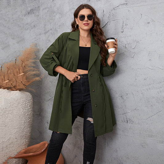 Simple Graceful Style Suit Collar Mid-length Solid Color Plus Size Coat