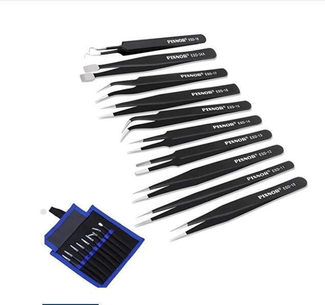 Stainless steel tweezers pointed elbow tweezers 10 Piece canvas bag tweezers Kit