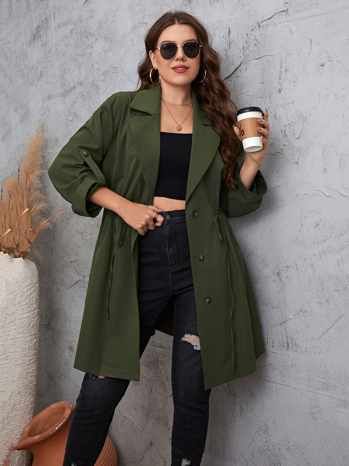 Simple Graceful Style Suit Collar Mid-length Solid Color Plus Size Coat