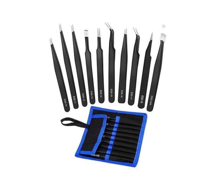 Stainless steel tweezers pointed elbow tweezers 10 Piece canvas bag tweezers Kit