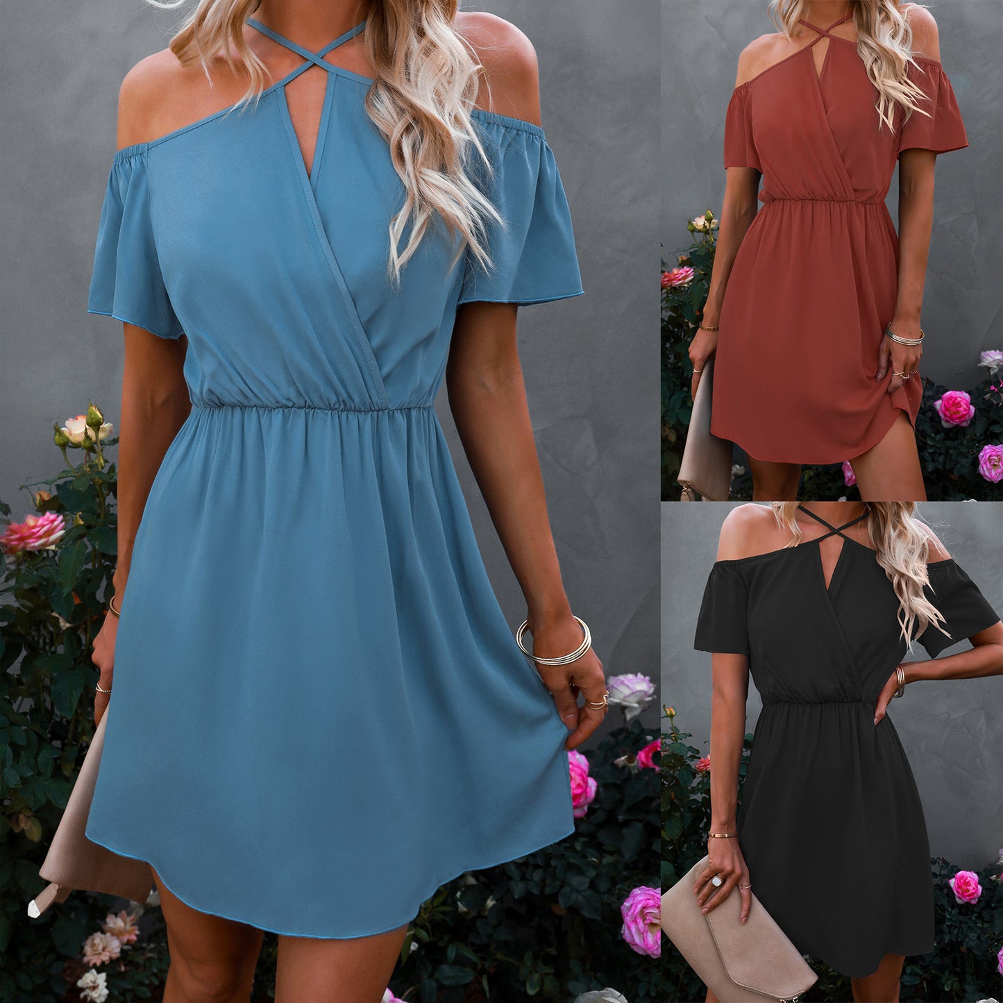 Women's Solid Color Off Shoulder Sling Dress Short Skirt