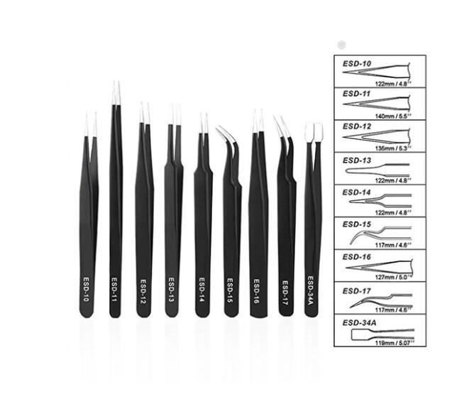 Stainless steel tweezers pointed elbow tweezers 10 Piece canvas bag tweezers Kit