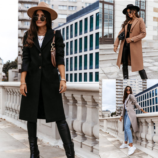 Solid Color Long-sleeved Suit Collar Woolen Coat Jacket