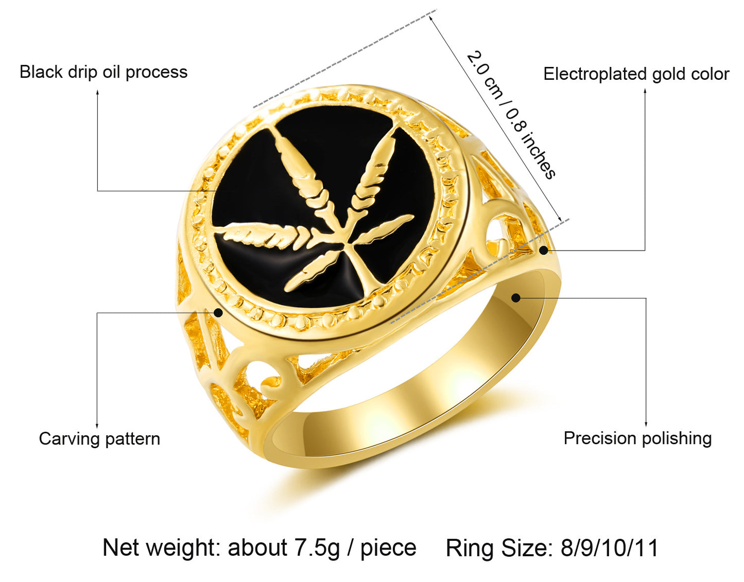 Maple Leaf Drop Oil Gold Plated Rings Unisex Hip Hop Hiphop Rings