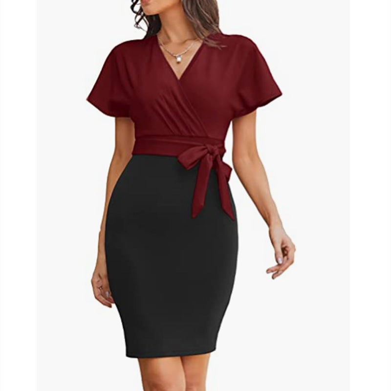 Women's Casual Dolman Sleeve Lace-up Contrast-color Dress