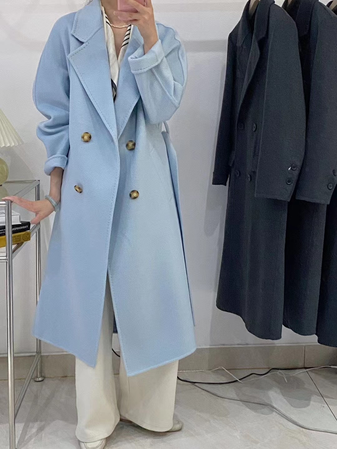 Reversible Cashmere Coat Women's Long High-end Water Ripple Coat