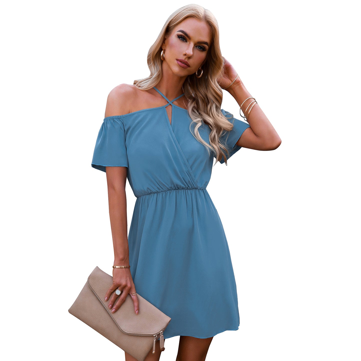 Women's Solid Color Off Shoulder Sling Dress Short Skirt