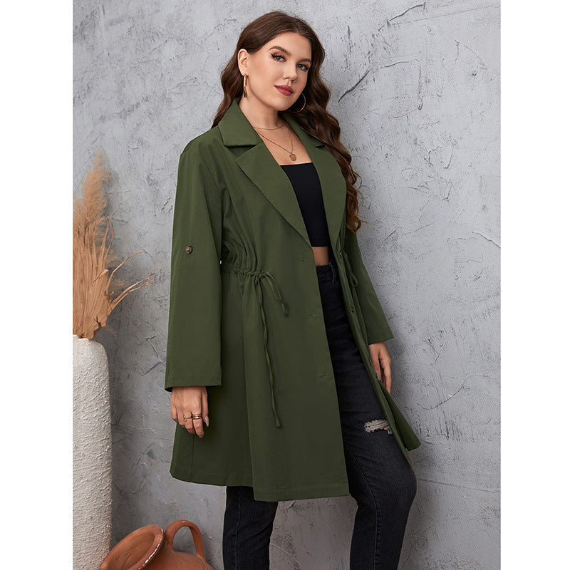 Simple Graceful Style Suit Collar Mid-length Solid Color Plus Size Coat