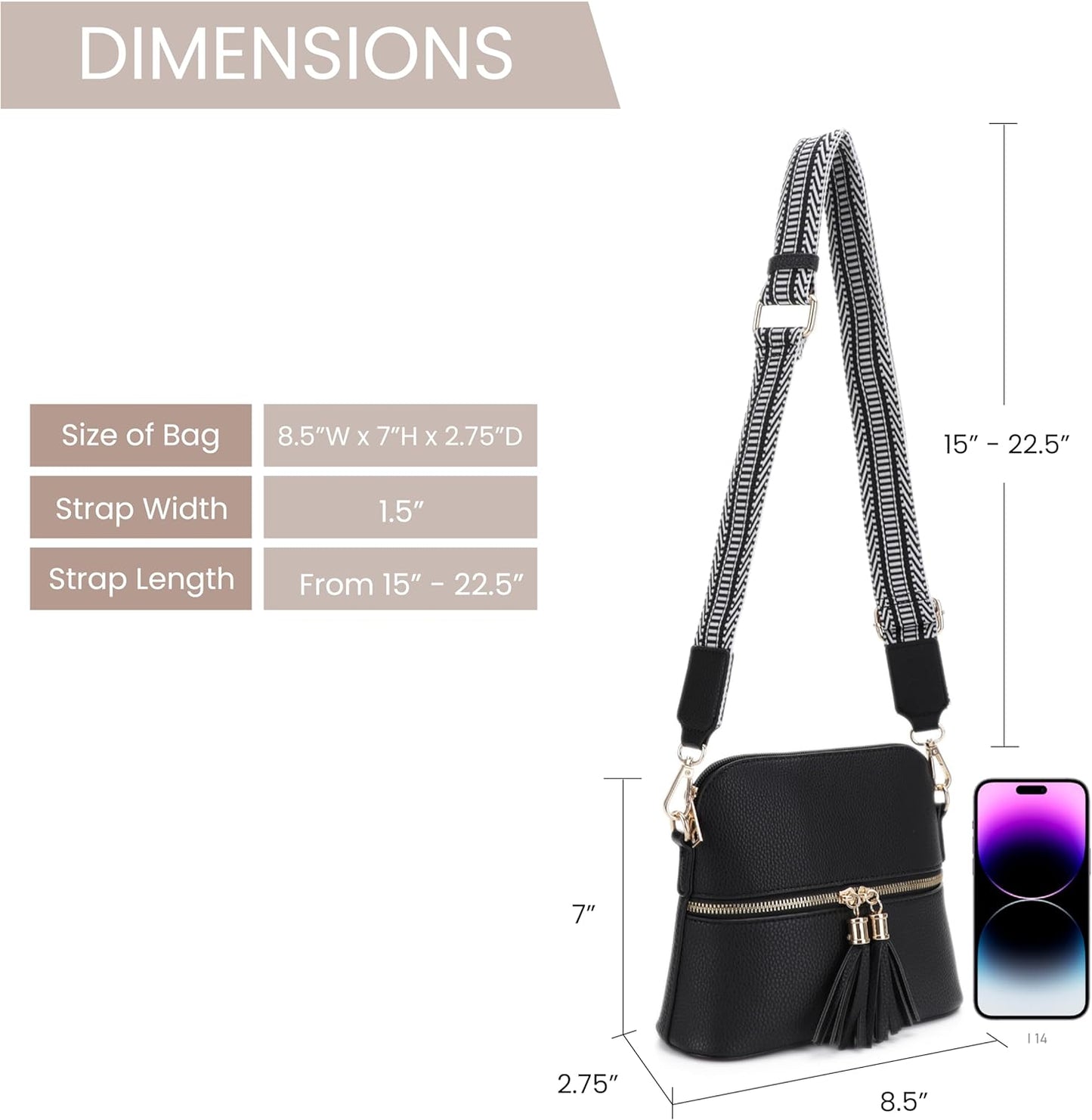 SG SUGU Lunar Lightweight Medium Dome Crossbody Bag Shoulder Bag with Tassel | Zipper Pocket | Adjustable Strap