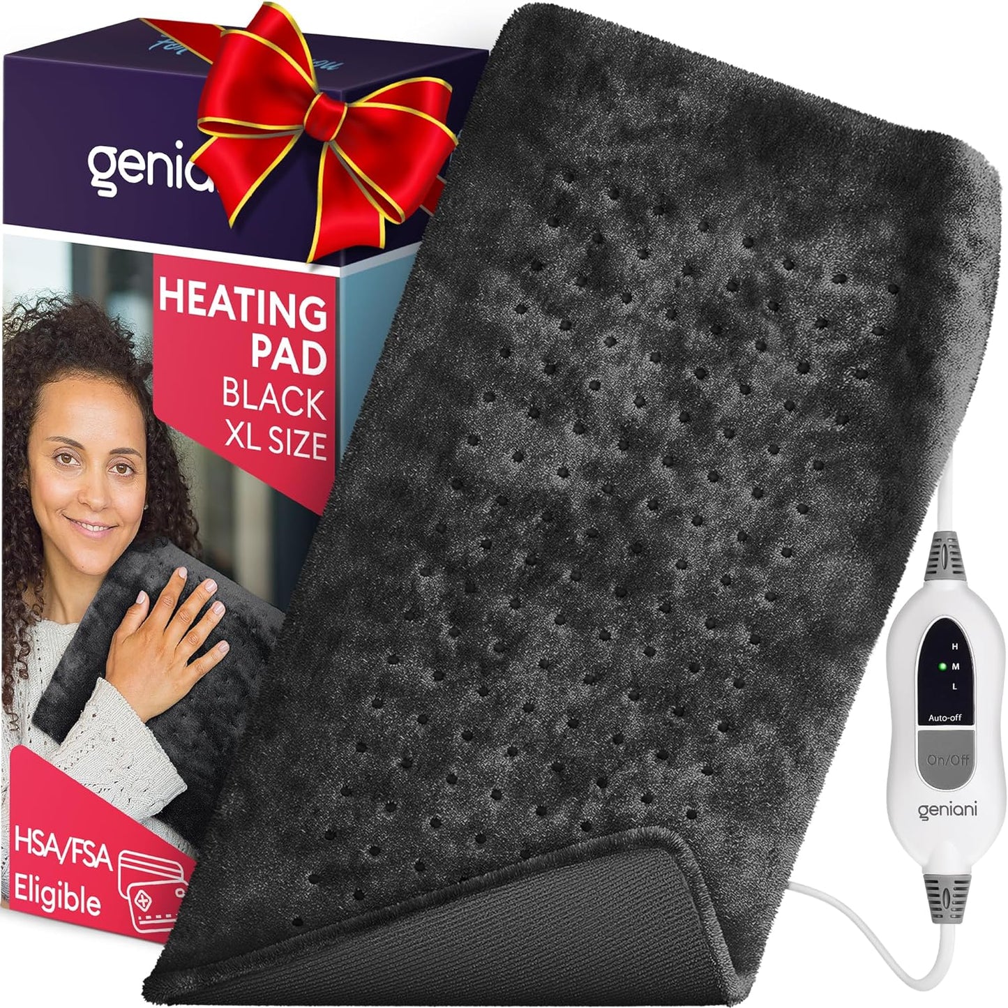 GENIANI 𝐊𝐢𝐧𝐠 𝐒𝐢𝐳𝐞 Heating Pad for Back Pain & Cramps Relief, FSA HSA Eligible, Auto Shut Off, Machine Washable, Moist Heat Pad for Neck & Shoulder, Knee, Leg, Tabby Gray 12'‘×24’’