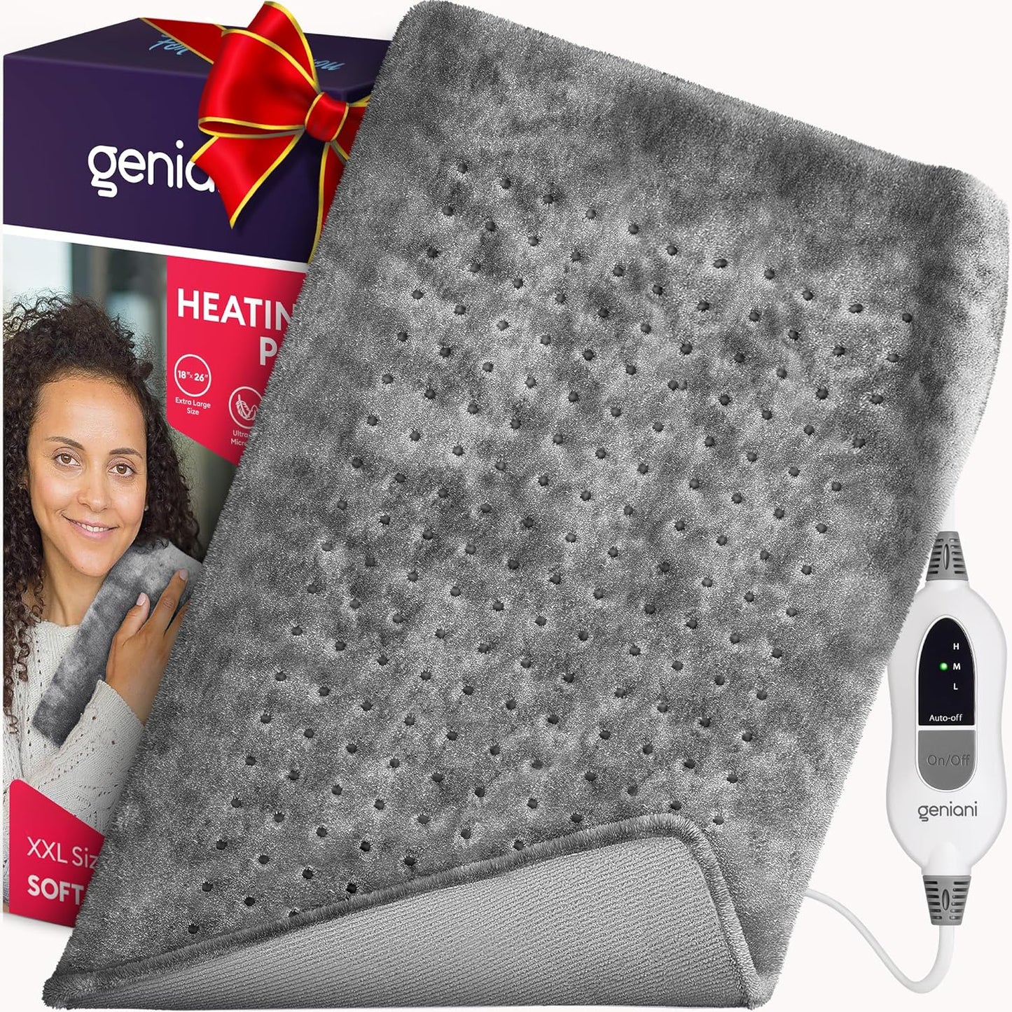 GENIANI 𝐊𝐢𝐧𝐠 𝐒𝐢𝐳𝐞 Heating Pad for Back Pain & Cramps Relief, FSA HSA Eligible, Auto Shut Off, Machine Washable, Moist Heat Pad for Neck & Shoulder, Knee, Leg, Tabby Gray 12'‘×24’’